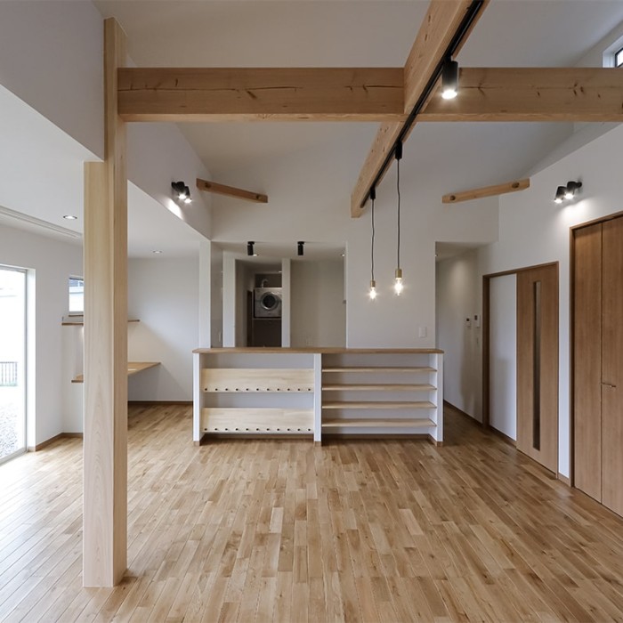 青色ガルバリウム鋼板と無垢素材が美しい平屋